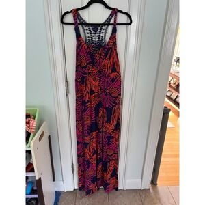 Lane Bryant Women 14/16 Maxi Dress Blue Pink Orange Tropical Crochet Racerback